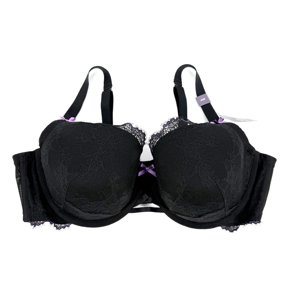Cacique Lightly Lined Balconette Bra Size 44D Black Lace Purple Accent Underwire
